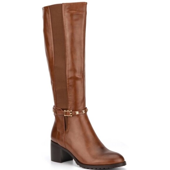 Torgies Womens 6 Cognac Brown Faux Leather Riding Boots With Gold Studded Strap - Picture 2 of 16